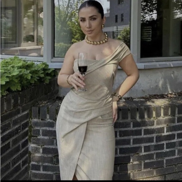 New Zara $119 Asymmetrical Slip Taupe Brown Midi Pencil Dress Small 3265/332 - Picture 4 of 13